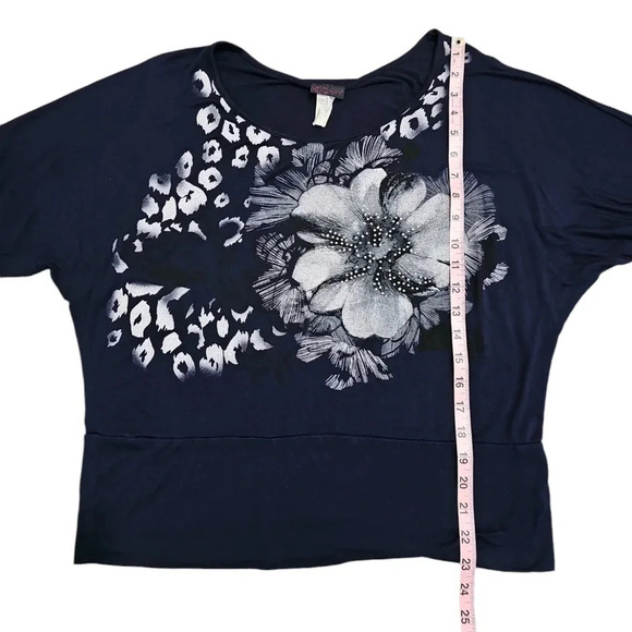 Agenda Womens XL Navy Blue Rhinestone Floral Cheetah Print Dolman Top Blouse Y2K - Picture 7 of 7